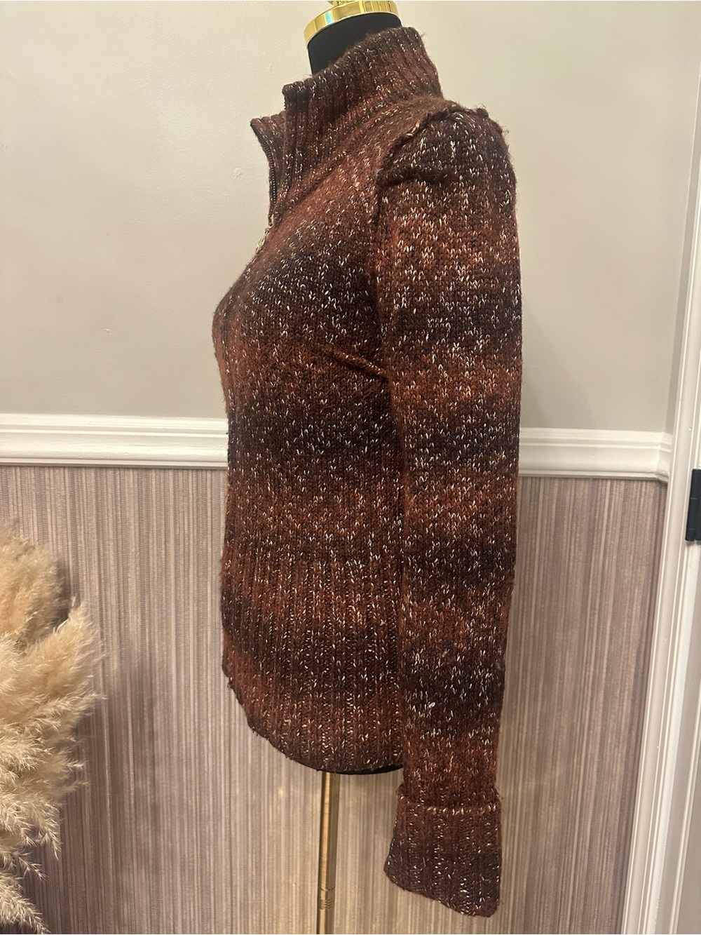 Adrienne Vittadini Studio M Brown Metallic Wool Blend Zip Cardigan Sweater - Picture 9 of 12